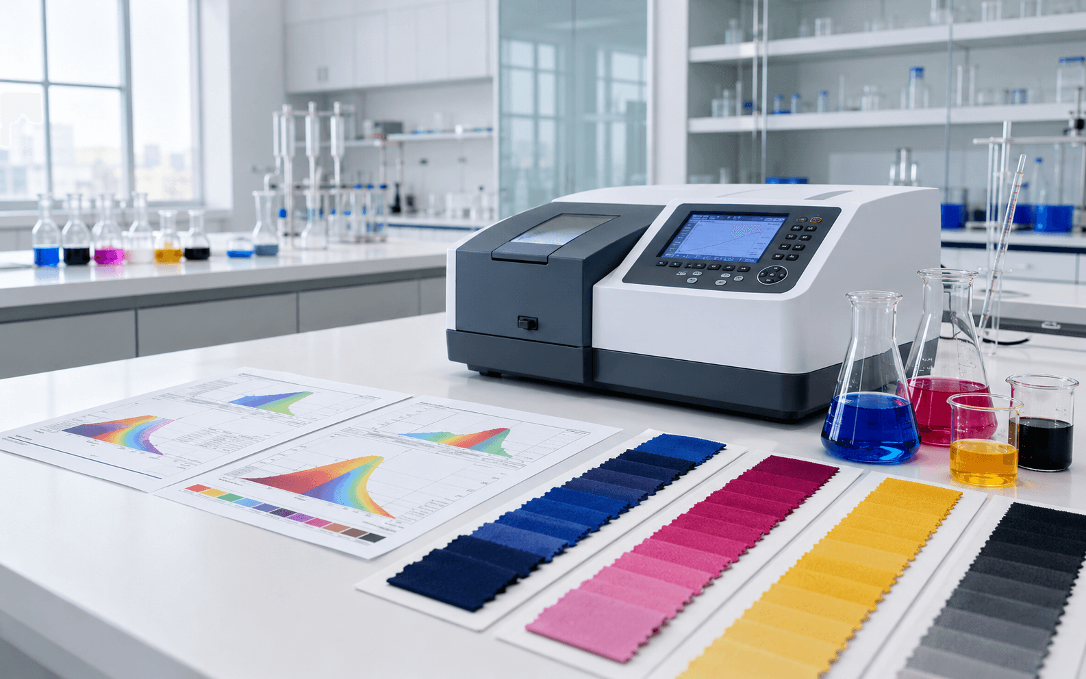 Spectrophotometric quality calibration lab with testing report, color curves, beakers, and dye swatches