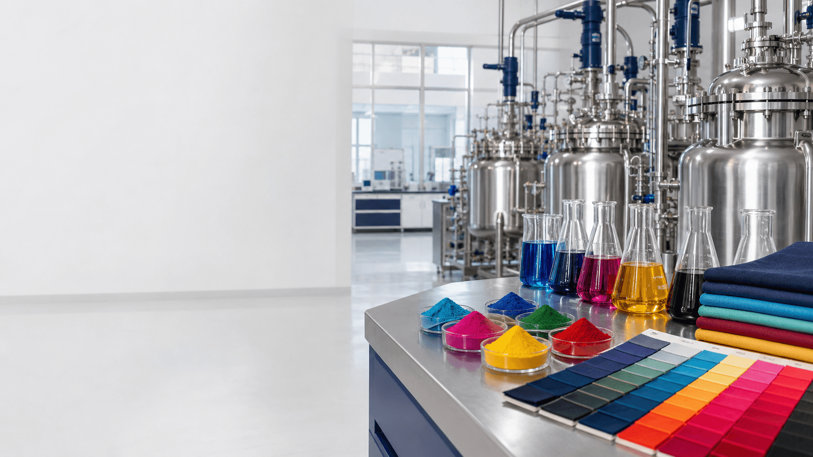 Reactive dye manufacturing facility with lab glassware, shade samples, and stainless processing equipment